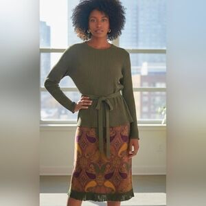 Nina Leonard Olive Green Ribbed Belted Sweater & Skirt Set